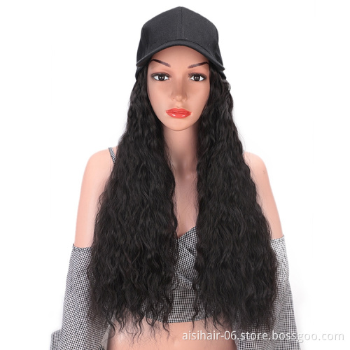 Aisi Hair Baseball Hat with Water Wave Hair Extensions Black Hat with Long Synthetic Hair Extensions for Girls Easy to Wear
